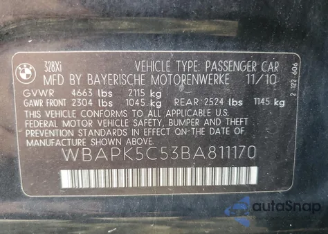 2011 BMW 328 Xi Sulev from USA, damaged, VIN WBAPK5C53BA811170